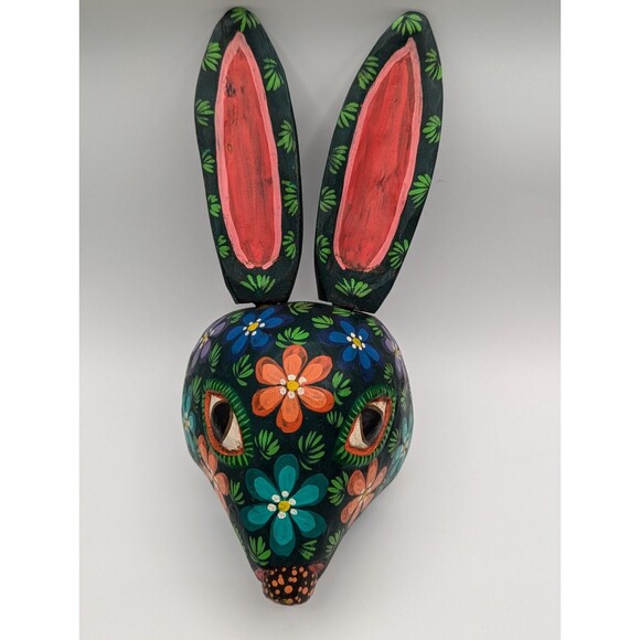 Hand Carved & Painted Guatemalan Wooden Dance Mask Wall Decor Rabbit Floral - Picture 2 of 16